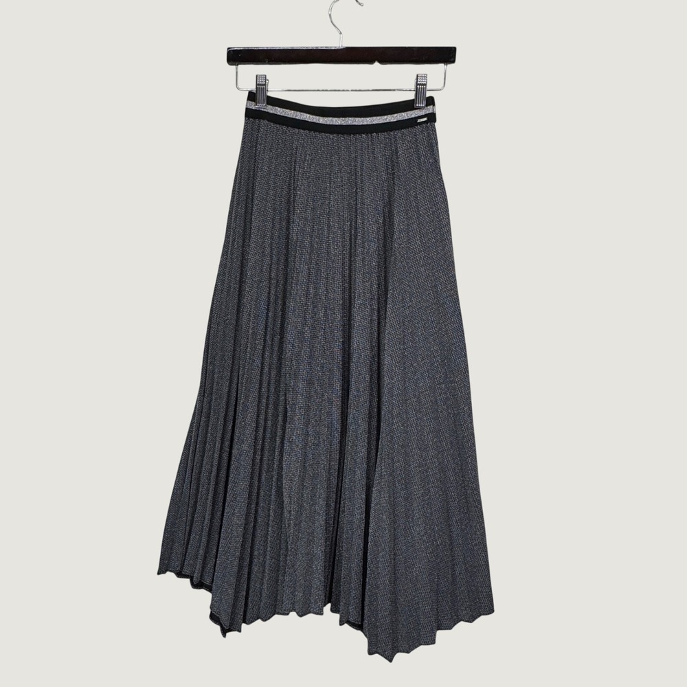 IKKS Pleated Midi Skirt Size 2 XS Silver Metallic Accordion Glam Party Sparkly